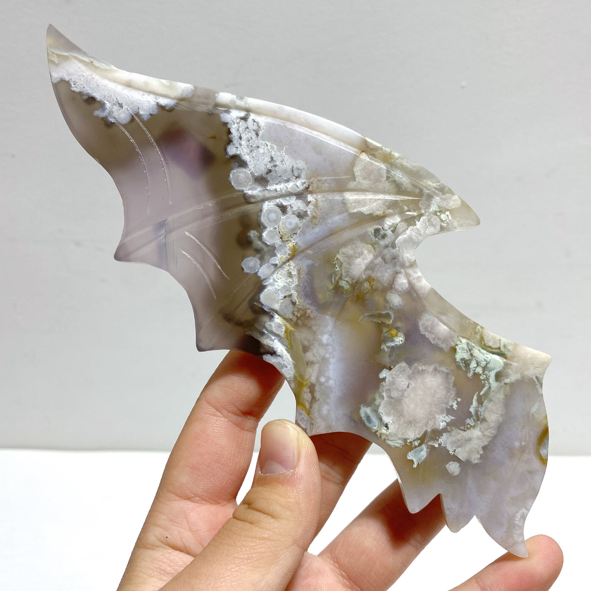 Unique Sakura Flower Agate Demon and Angel Wing Carving With Stand