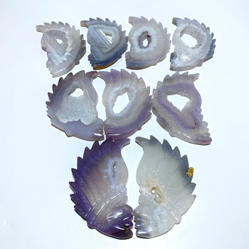 9 Pieces Geode Agate Druzy Indian Feathers Carving - Wholesale Crystals