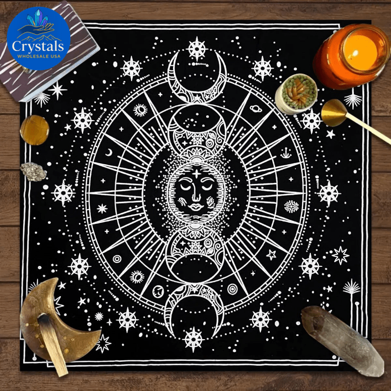 9 Sun Floral & Moon Phase Tarot Tablecloth - Wholesale Crystals