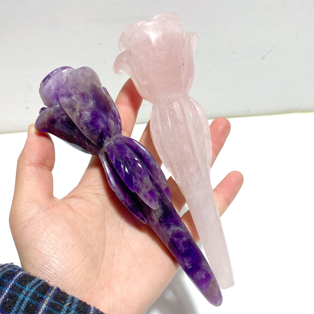 5 Pieces Rose Quartz Chevron Amethyst Flower Carving With Stand