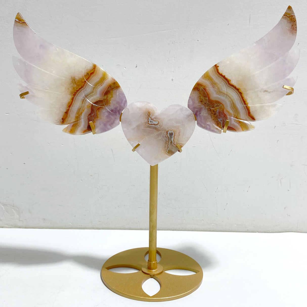 Amethyst Mixed Stripe Agate Heart Wing Carving With Stand