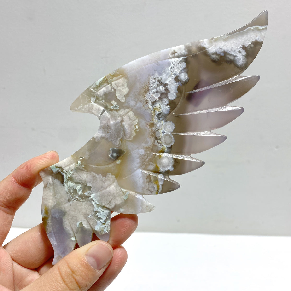 Unique Sakura Flower Agate Demon and Angel Wing Carving With Stand