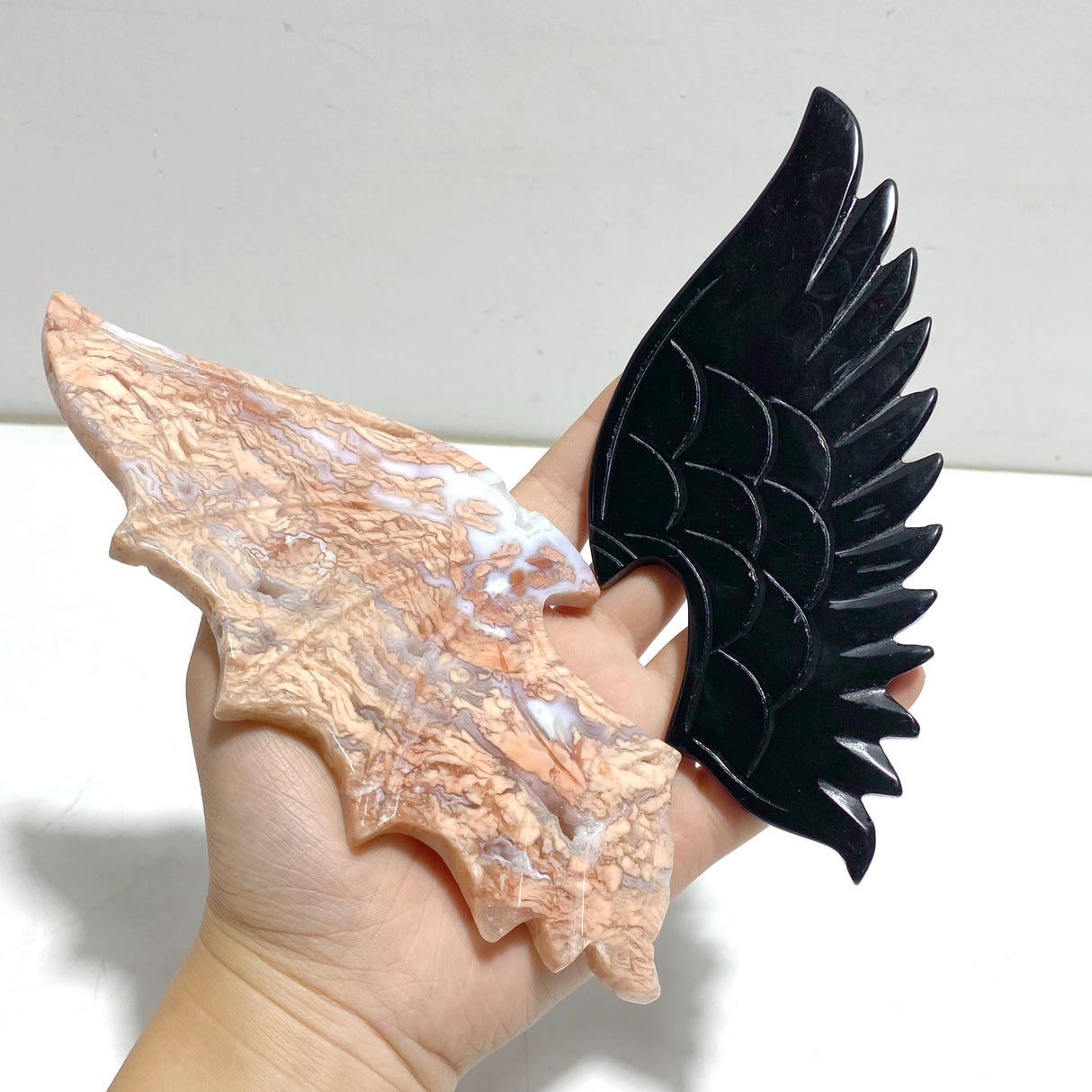 Unique Pink Agate Black Obsidian Demon and Angel Wing Carving With Stand