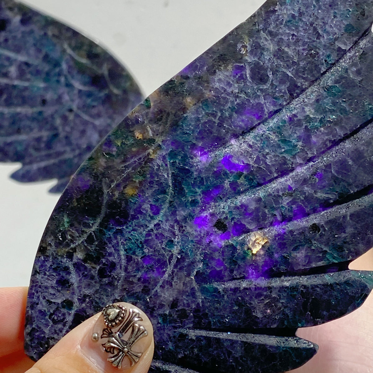 Fluorite Mixed Blue Apatite Heart Wing Carving With Stand
