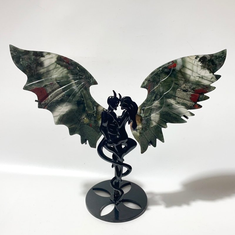 Africa Blood Stone Demon And Angel Wing Carving With Stand -Wholesale Crystals