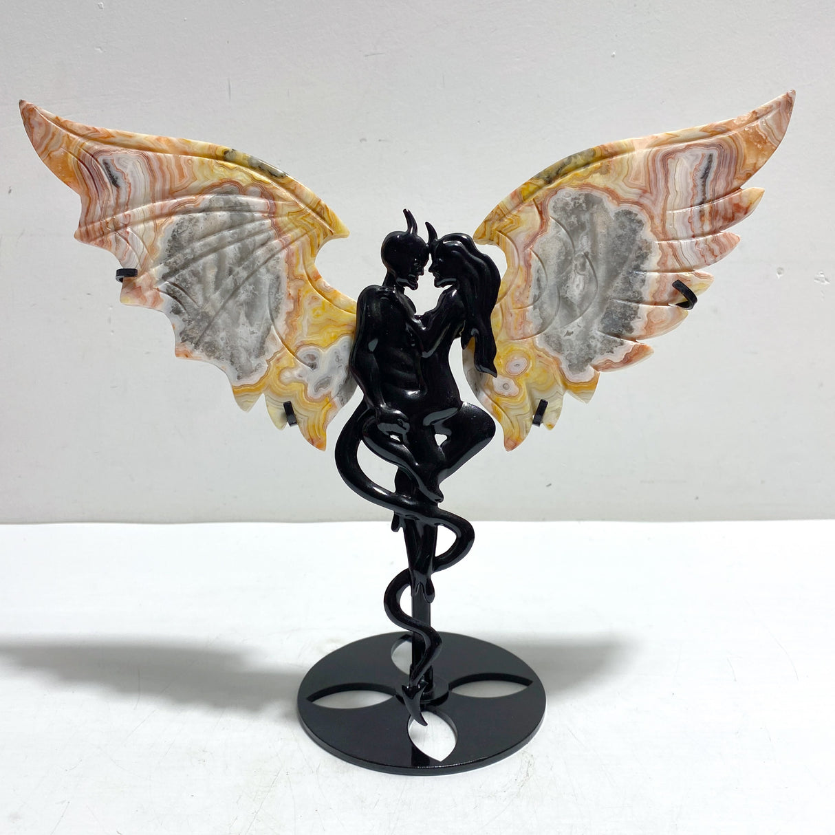 Unique Crazy Agate Demon And Angel Wing Carving With Stand