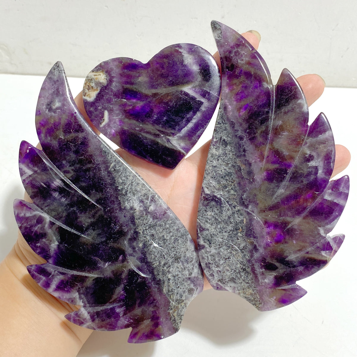 Unique Chevron Amethyst Heart Wing Carving With Stand