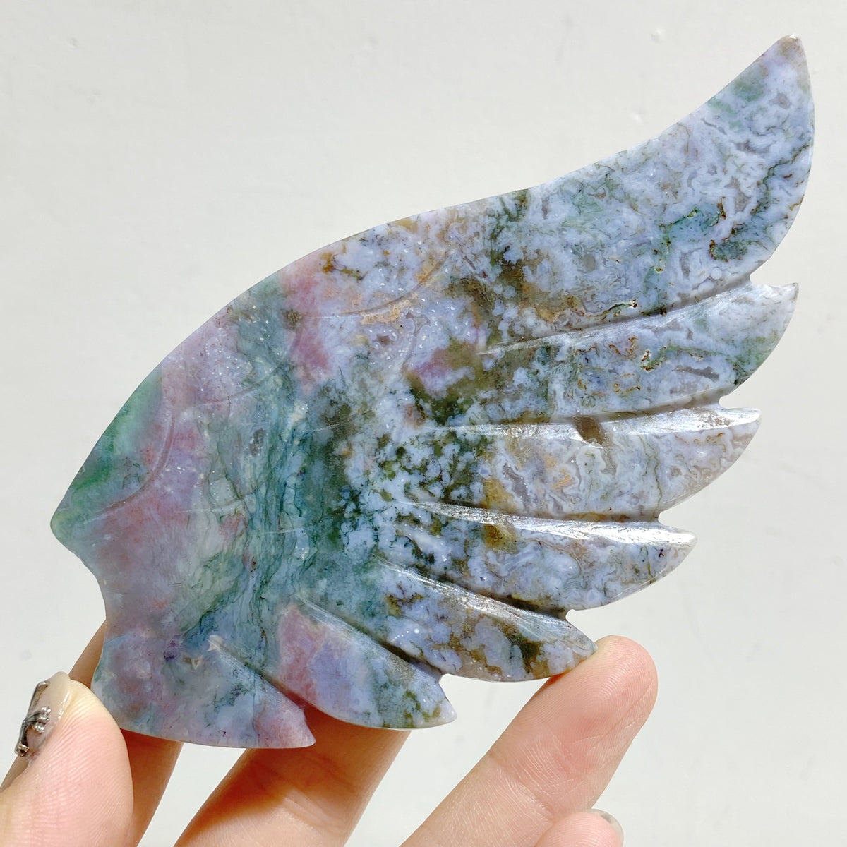 Ocean Jasper Heart Wing Carving With Stand