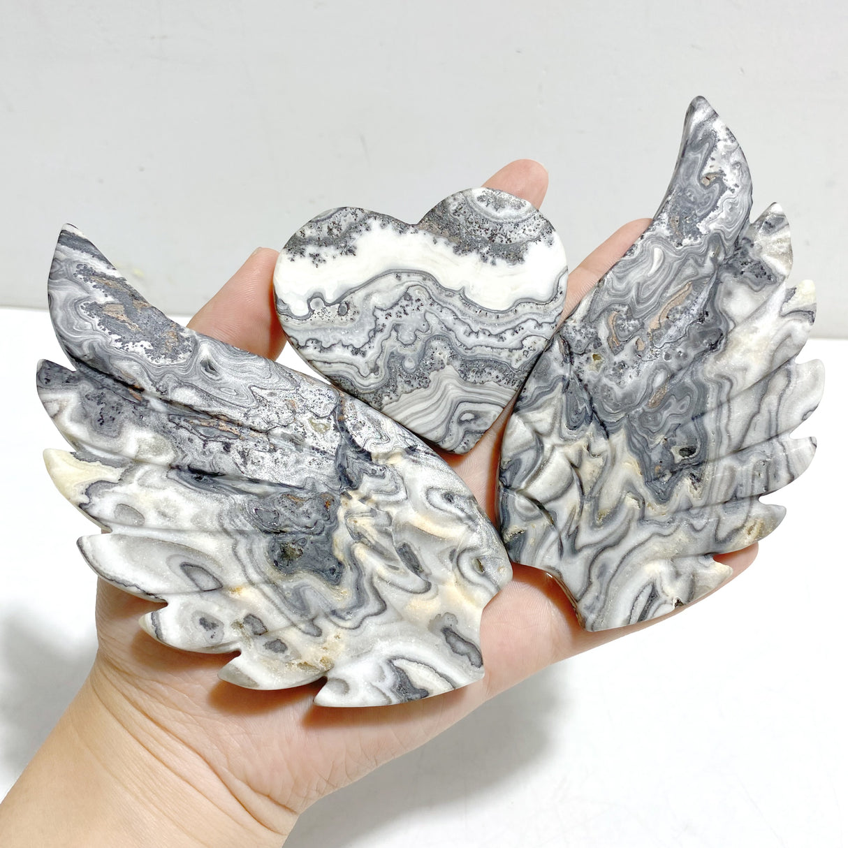 Unique Gray Blue Agate Heart Wing Carving With Stand