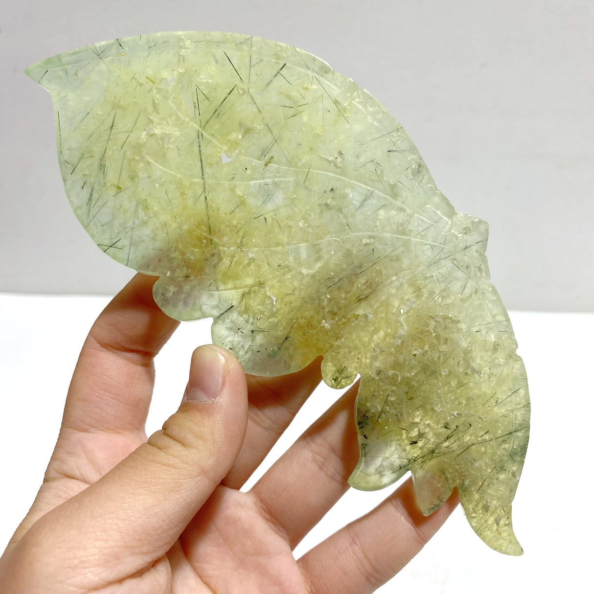 Unique Prehnite Butterfly Wing Carving With Stand