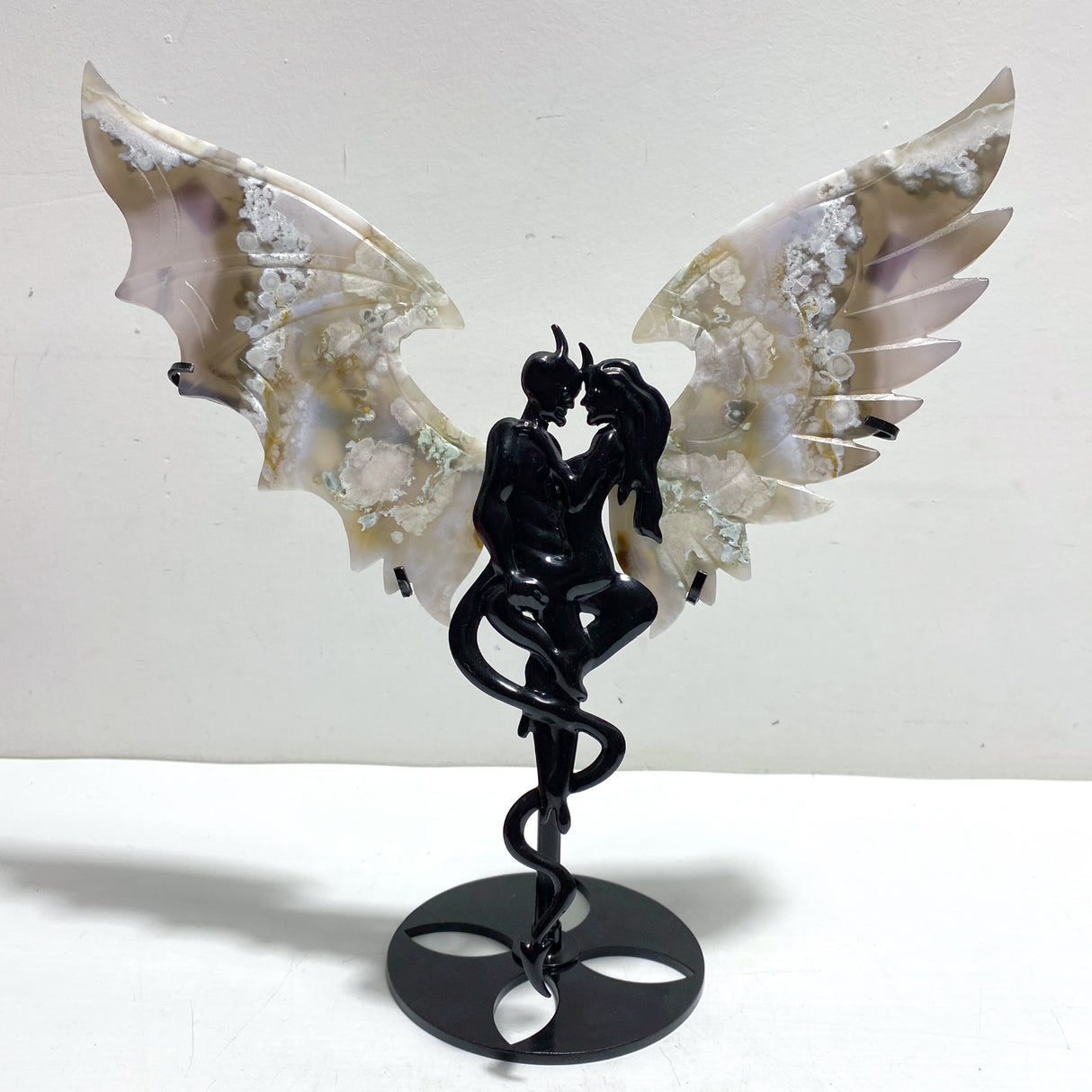 Unique Sakura Flower Agate Demon and Angel Wing Carving With Stand