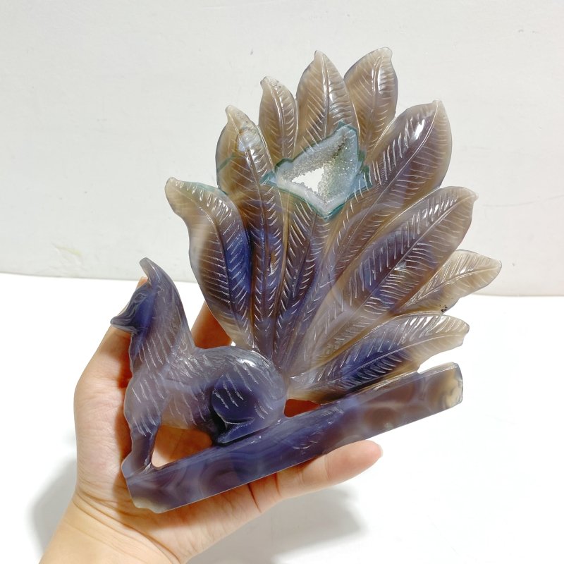 Beautiful Geode Druzy Agate Nine - tailed Fox Carving 1 - Wholesale Crystals