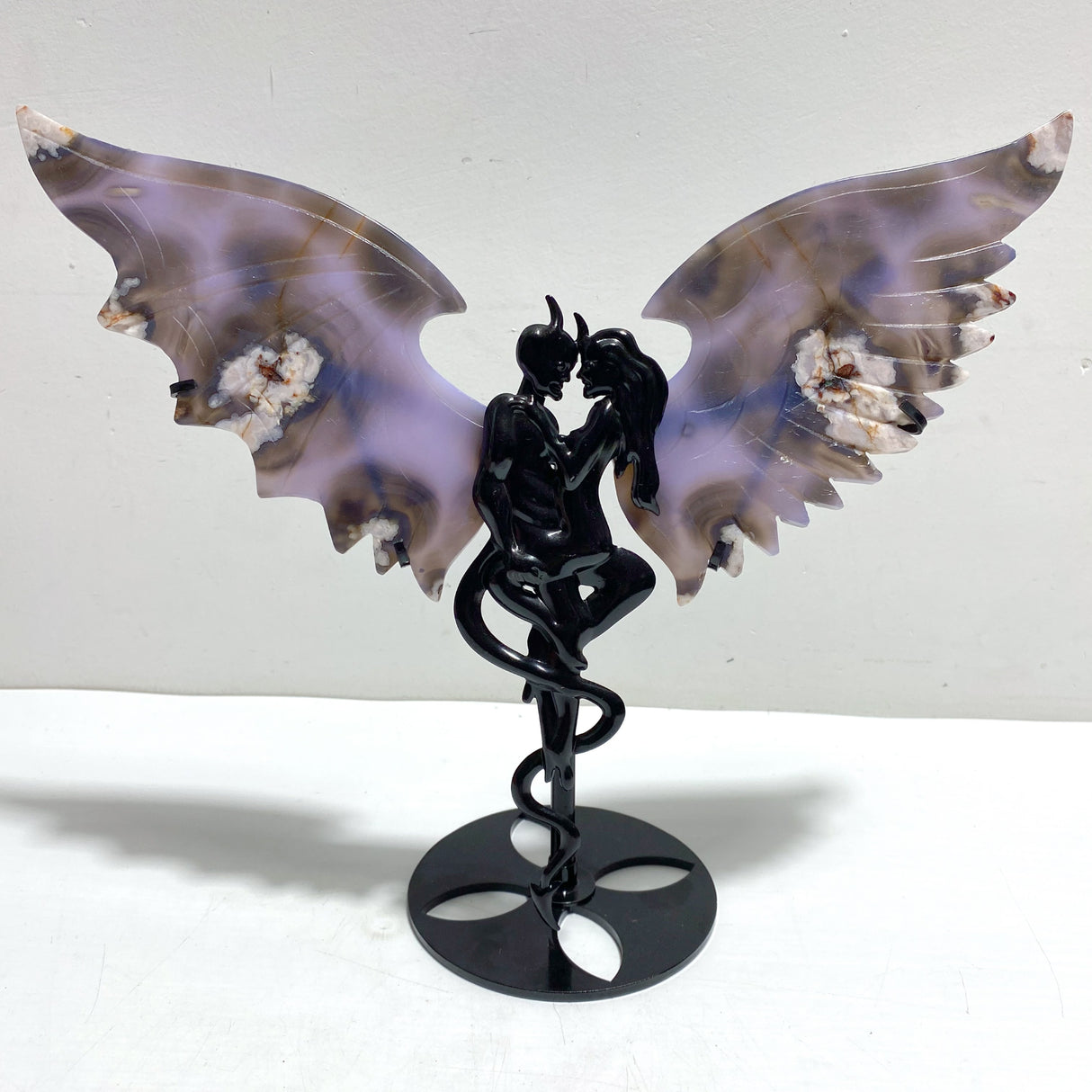 Unique Purple Sakura Flower Agate Demon and Angel Wing Carving With Stand