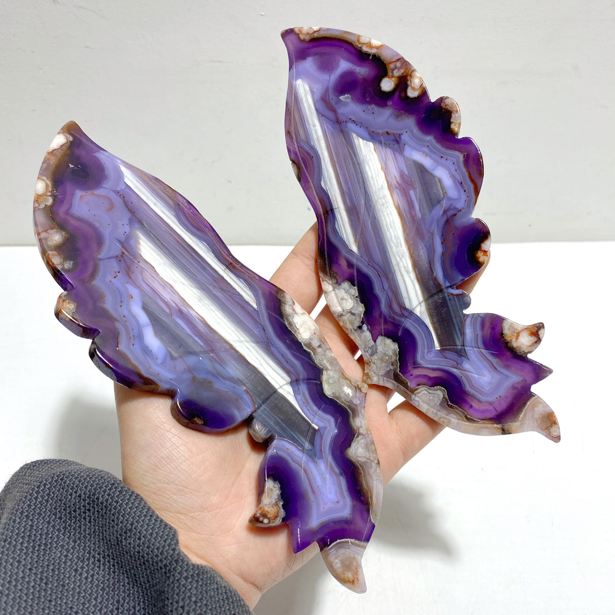 Unique Purple Sakura Flower Agate Butterfly Wing Carving With Stand