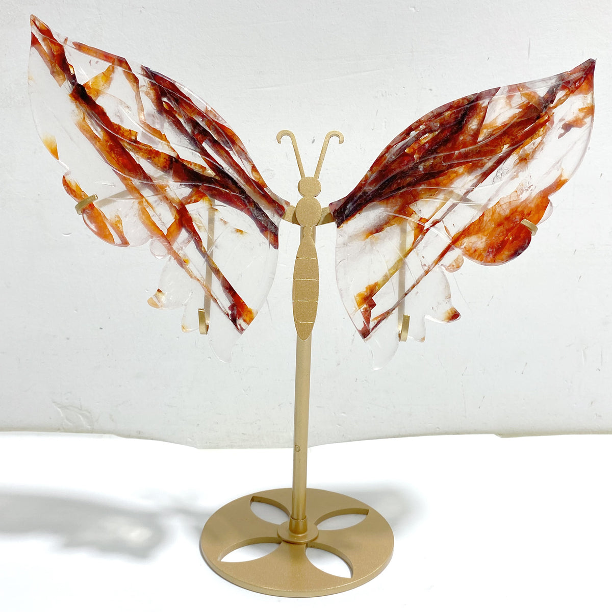 Red Fire Quartz Butterfly Wing Carving With Stand