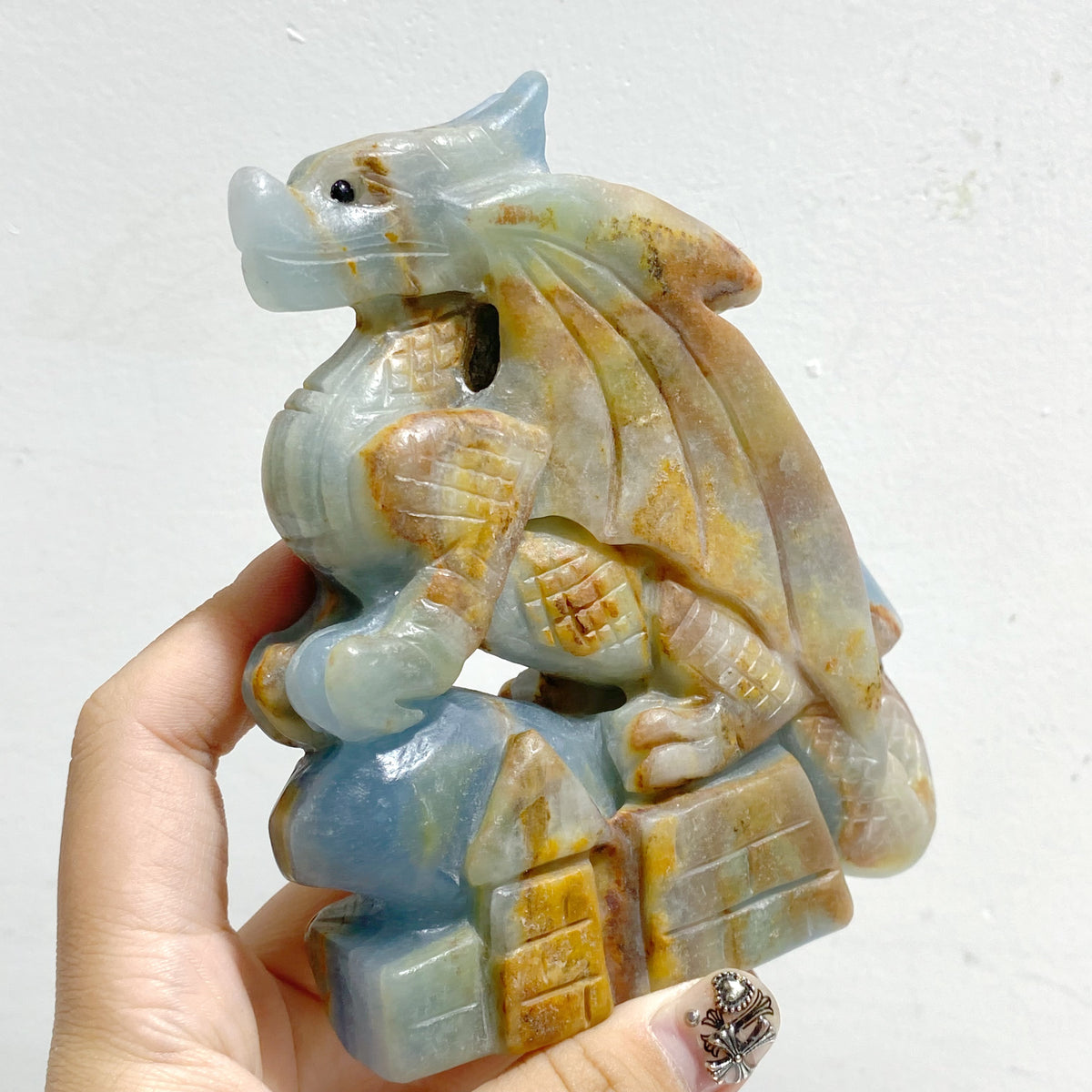 3 Pieces Blue Onyx Flying Dragon Castle Carving(Defect)