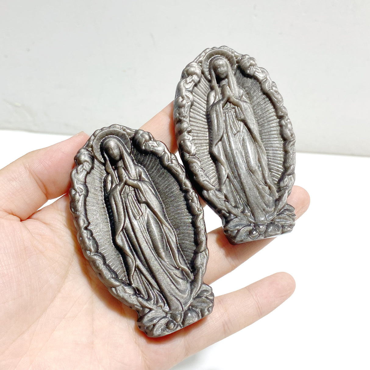 Silver Sheen Obsidian Virgin Mary Carving Wholesale