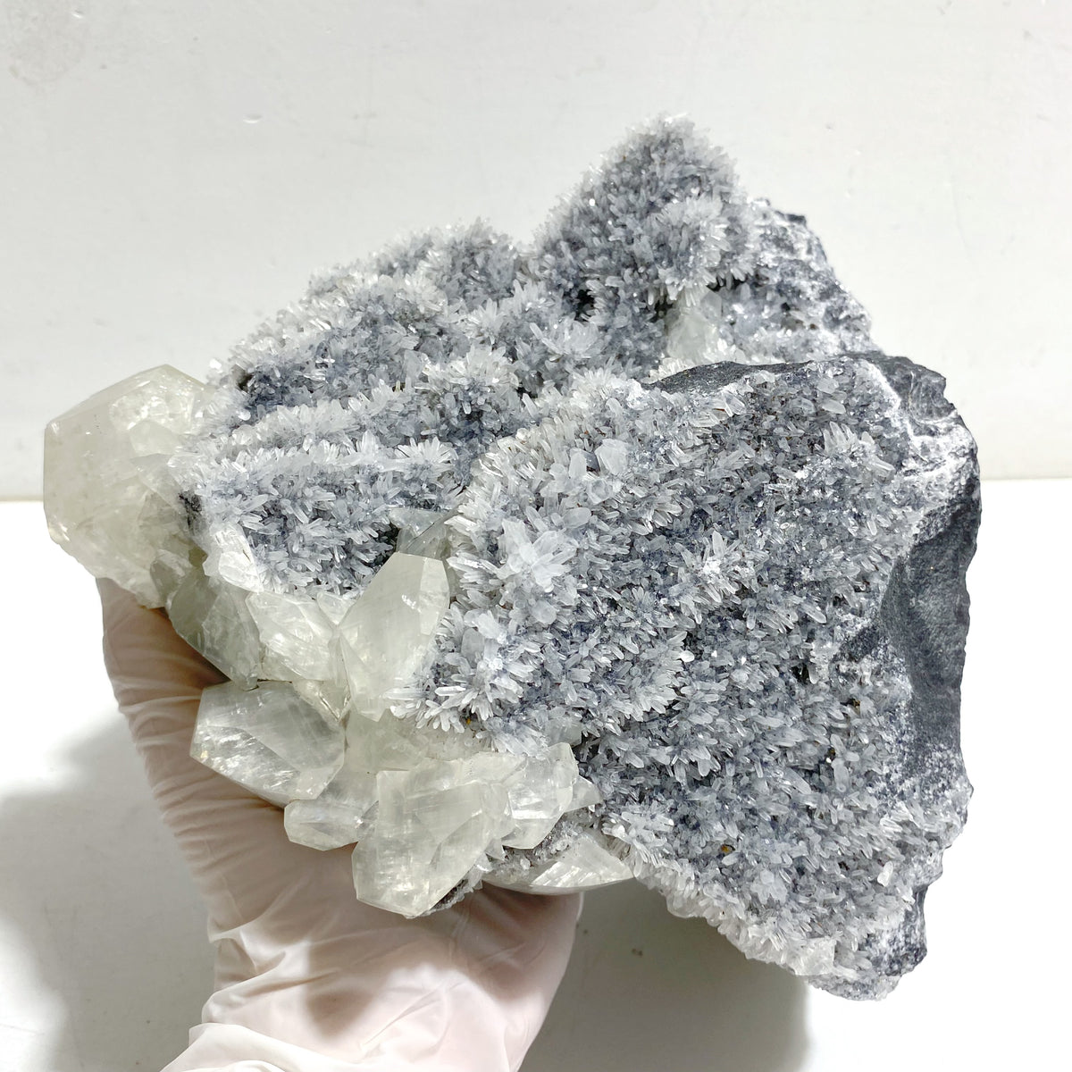 3 Pieces Large Black Clear Quartz Cluster Mixed Calcite Specimen