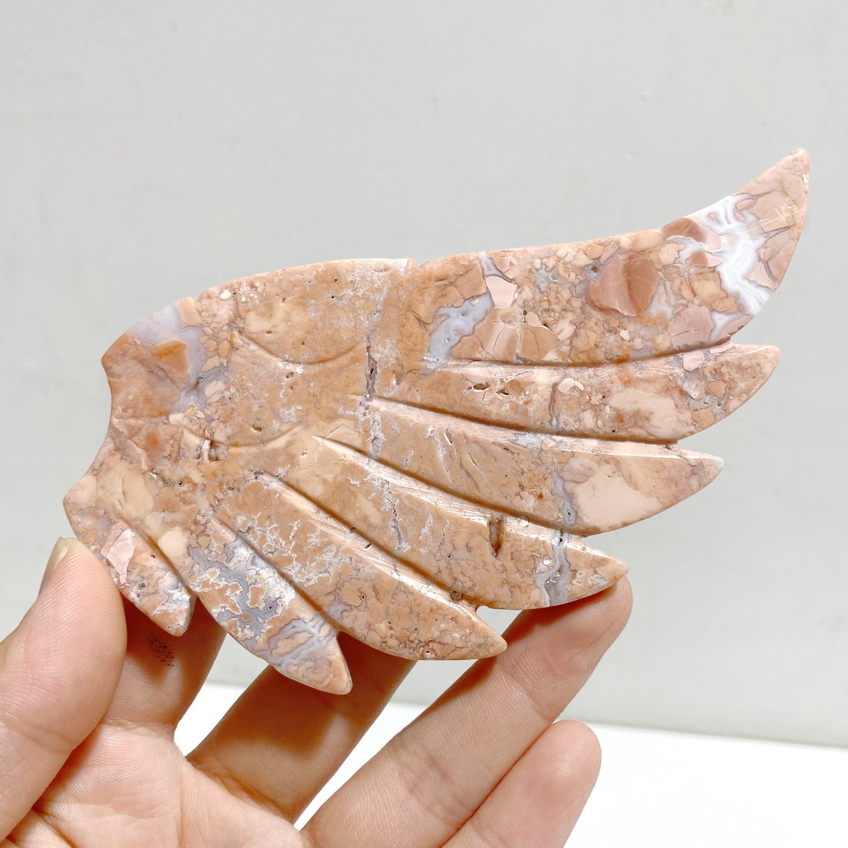 Pink Agate Heart Wing Carving With Stand