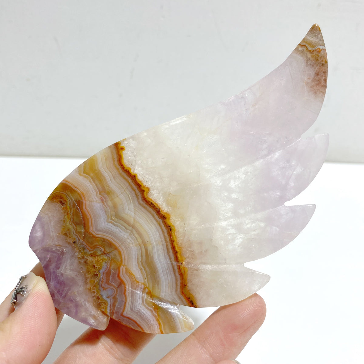 Amethyst Mixed Stripe Agate Heart Wing Carving With Stand