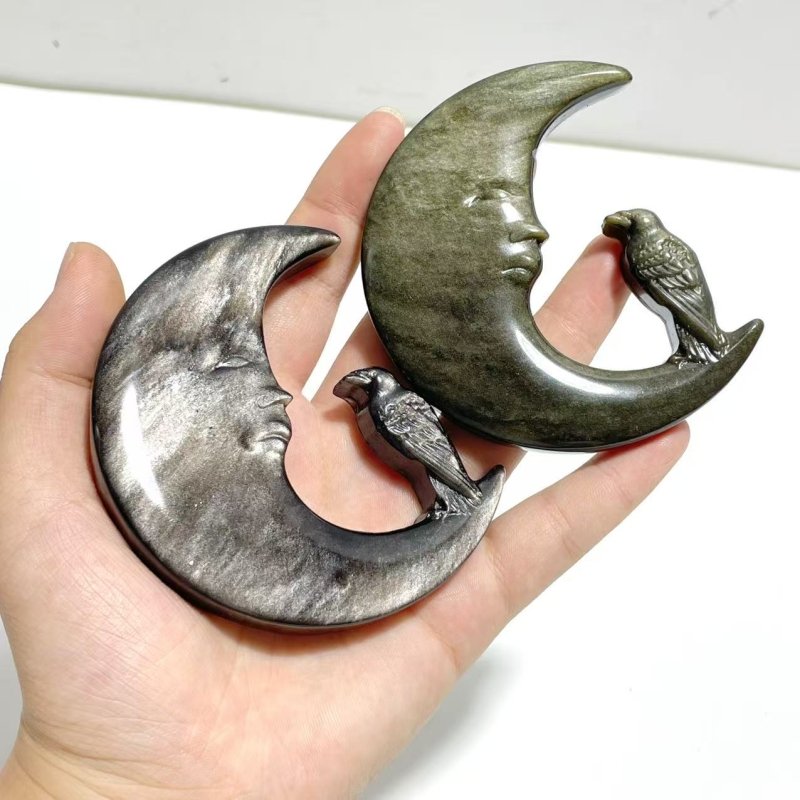 Gold Sheen Obsidian Silver Sheen Obsidian Moon Face Crow Carving Wholesale - Wholesale Crystals