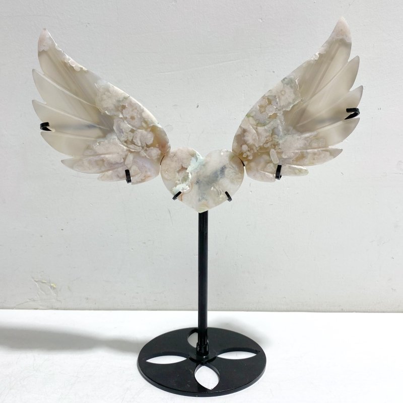 Green Sakura Flower Agate Heart Wing Carving With Stand - Wholesale Crystals