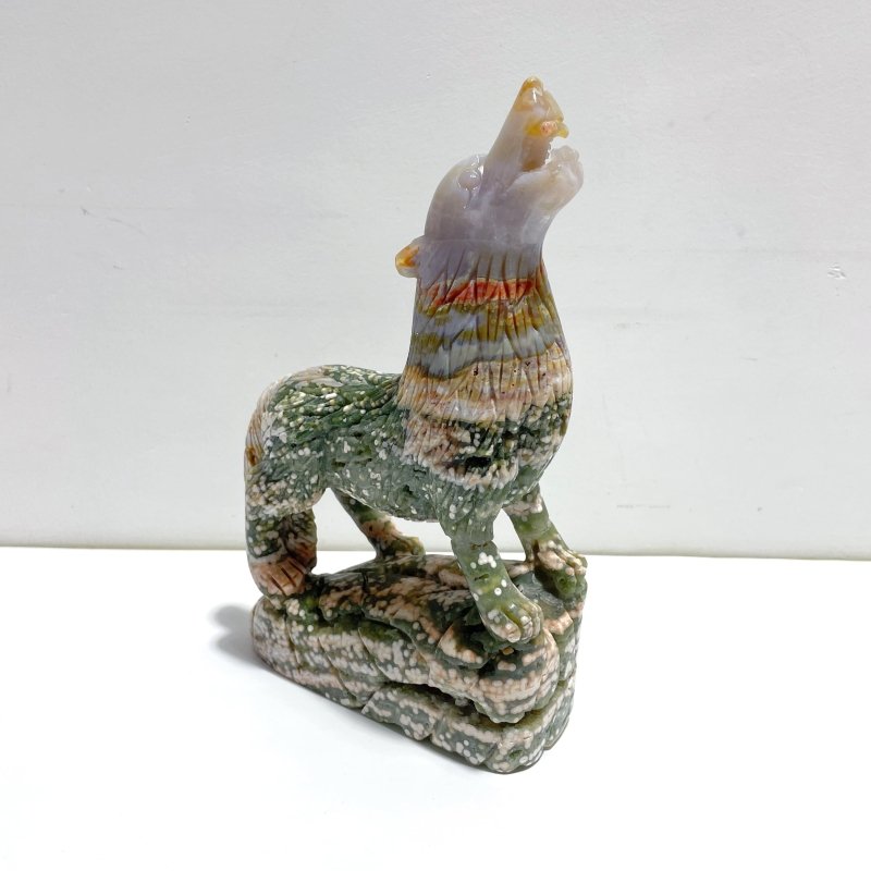 Large 8th Vein Ocean Jasper Wolf Carving - Wholesale Crystals