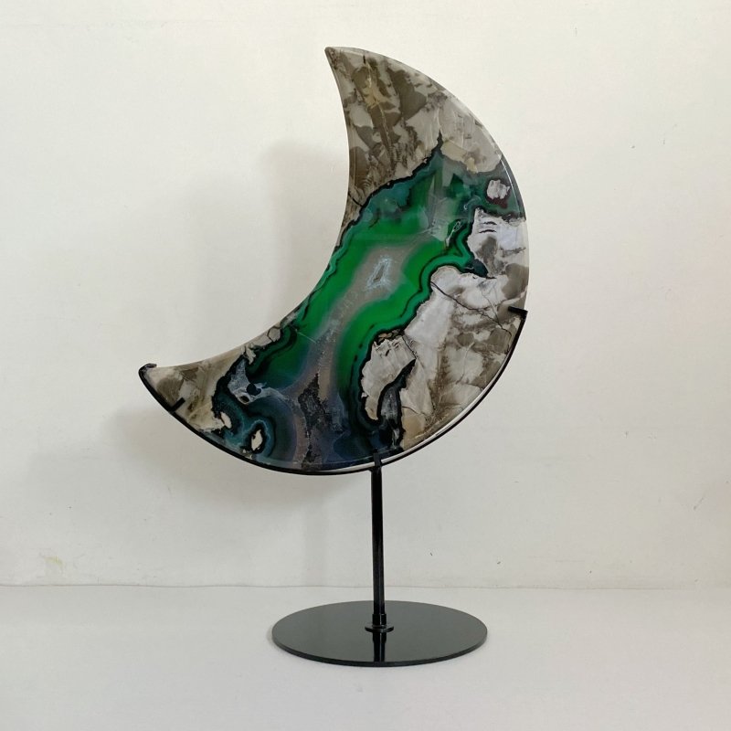 Large Geode Volcano Agate Moon Carving With Stand(UV - Reactive) 1 - Wholesale Crystals