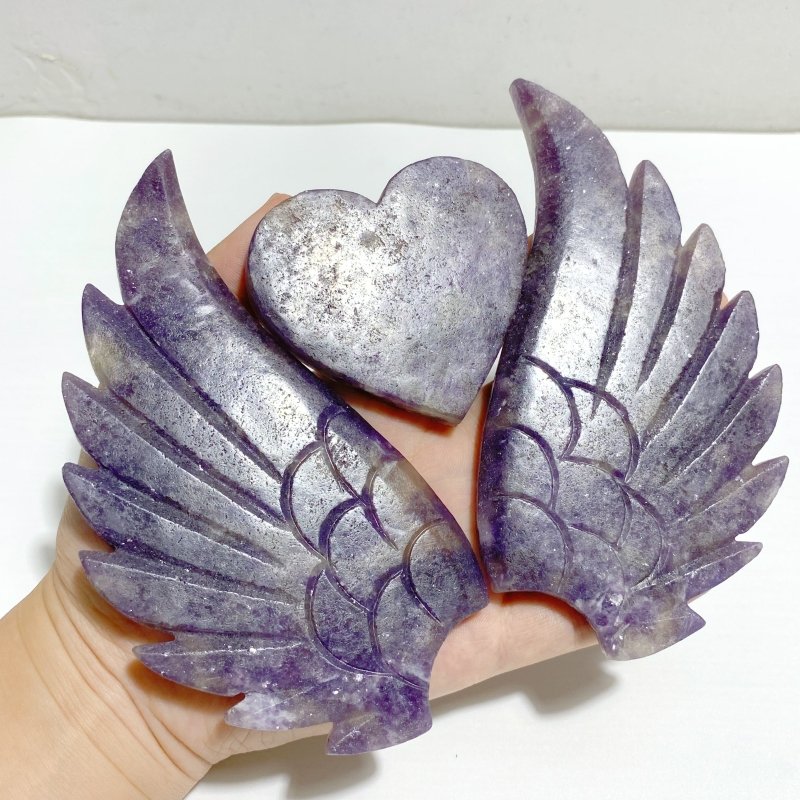 Lepidolite Mixed Quartz Heart Wing Carving With Stand -Wholesale Crystals