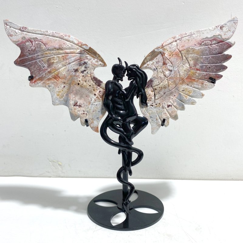 Morocco Agate Demon And Angel Wing Carving With Stand - Wholesale Crystals