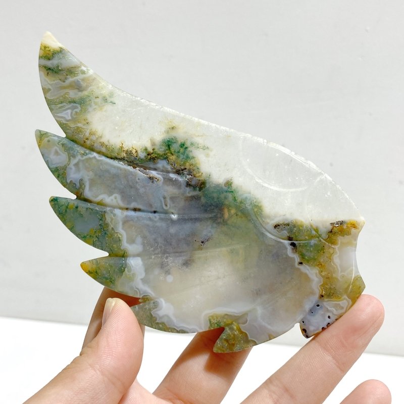 Moss Agate Heart Wing Carving With Stand -Wholesale Crystals