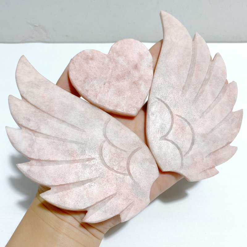 Pink Opal Heart Wing Carving With Stand -Wholesale Crystals