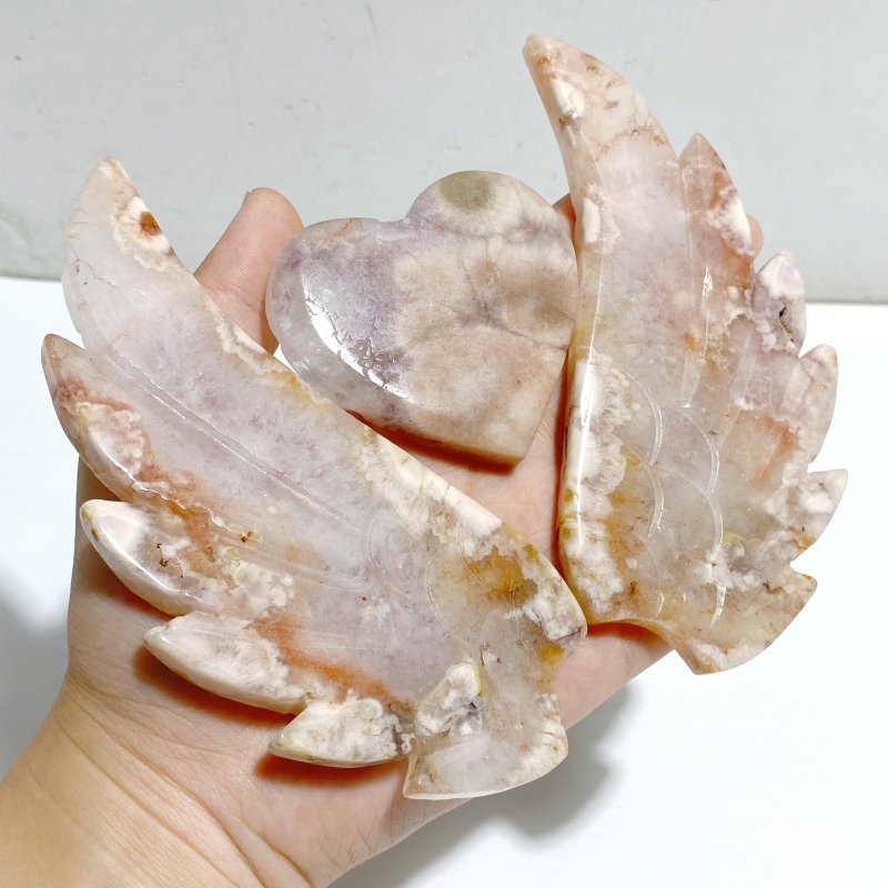 Sakura Flower Agate Heart Wing Carving With Stand -Wholesale Crystals