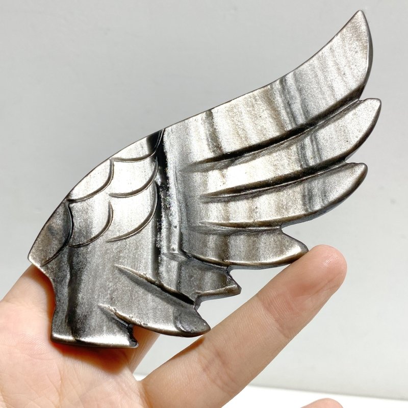 Silver Sheen Obsidian Heart Wing Carving With Stand -Wholesale Crystals