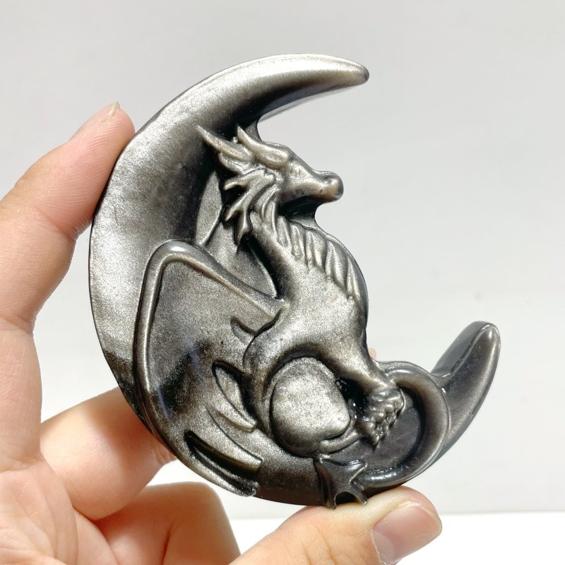 Silver Sheen Obsidian Moon Flying Dragon Carving Wholesale - Wholesale Crystals