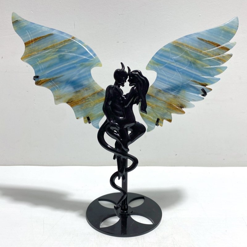Unique Blue Onyx Demon And Angel Wing Carving With Stand - Wholesale Crystals