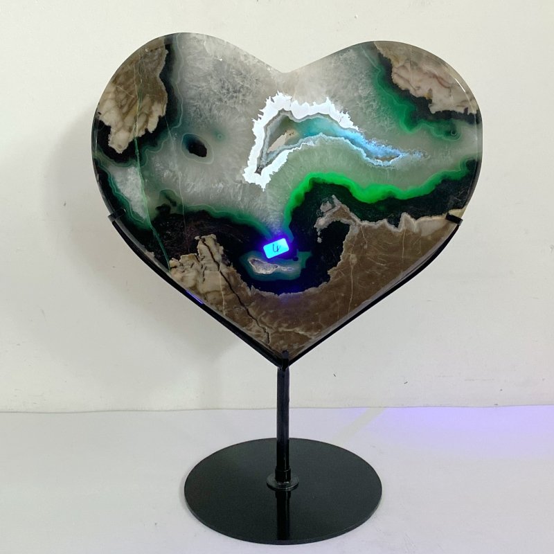 Unique Geode Druzy Volcano Agate Heart Carving With Stand(UV - Reactive) 1 - Wholesale Crystals