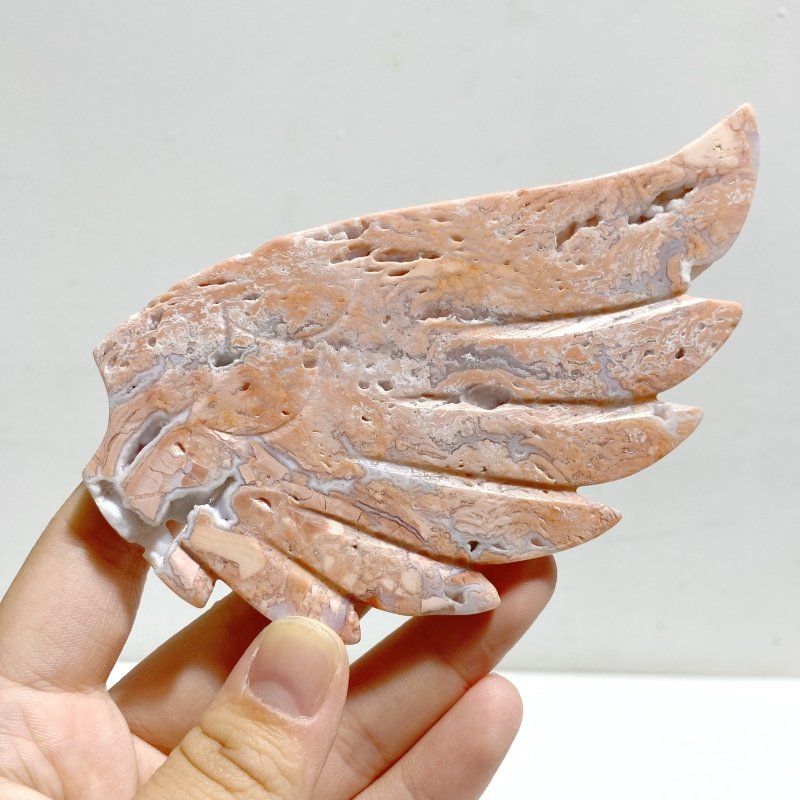 Unique Pink Agate Heart Wing Carving With Stand - Wholesale Crystals