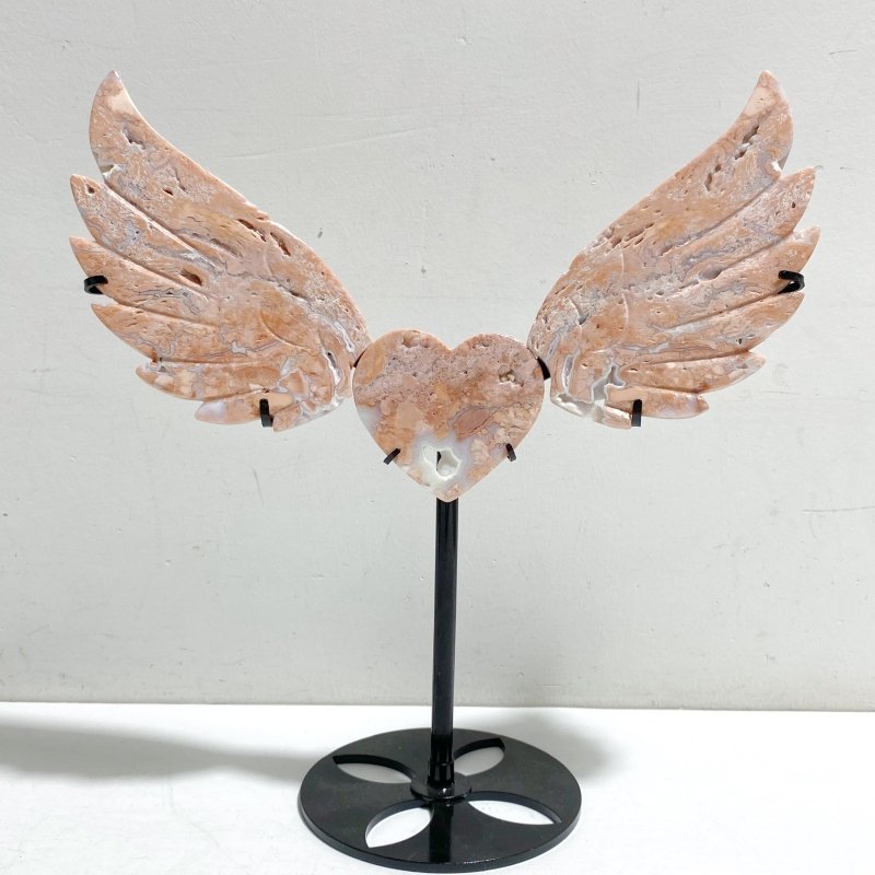 Unique Pink Agate Heart Wing Carving With Stand - Wholesale Crystals