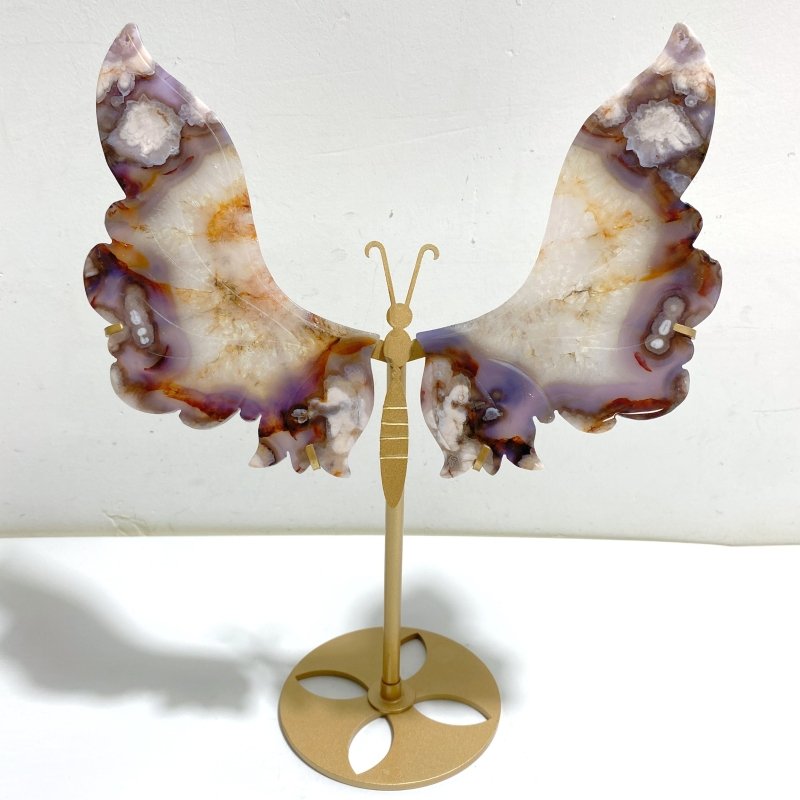 Unique Purple Sakura Flower Agate Butterfly Wing Carving With Stand -Wholesale Crystals
