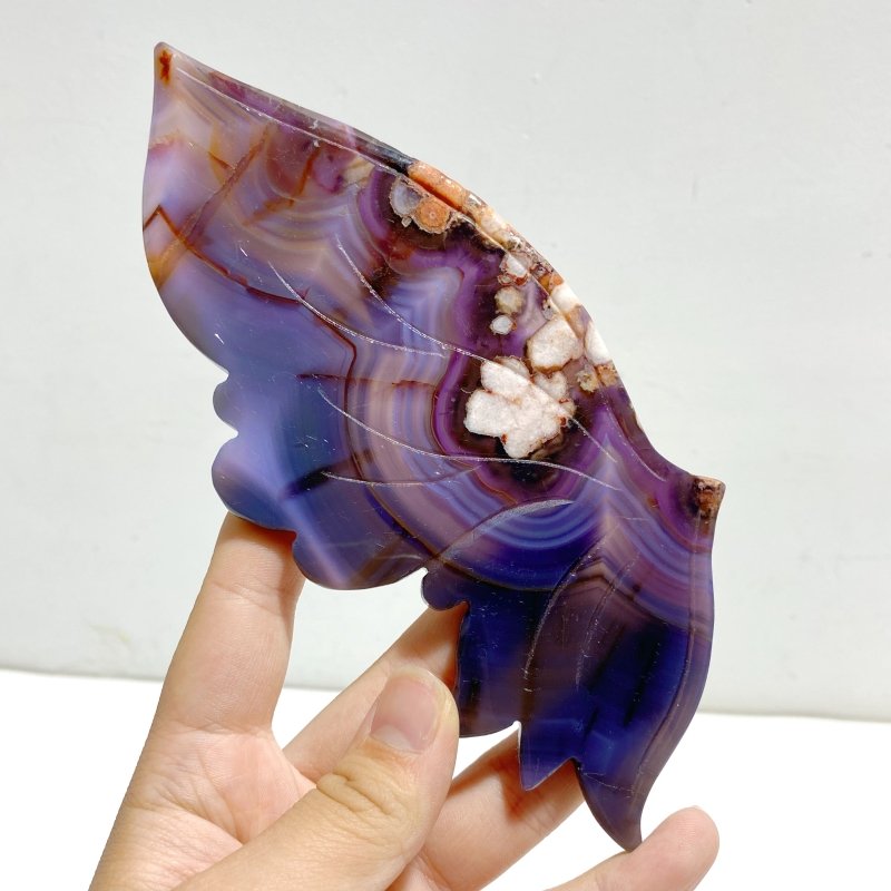 Unique Purple Sakura Flower Agate Butterfly Wing Carving With Stand - Wholesale Crystals
