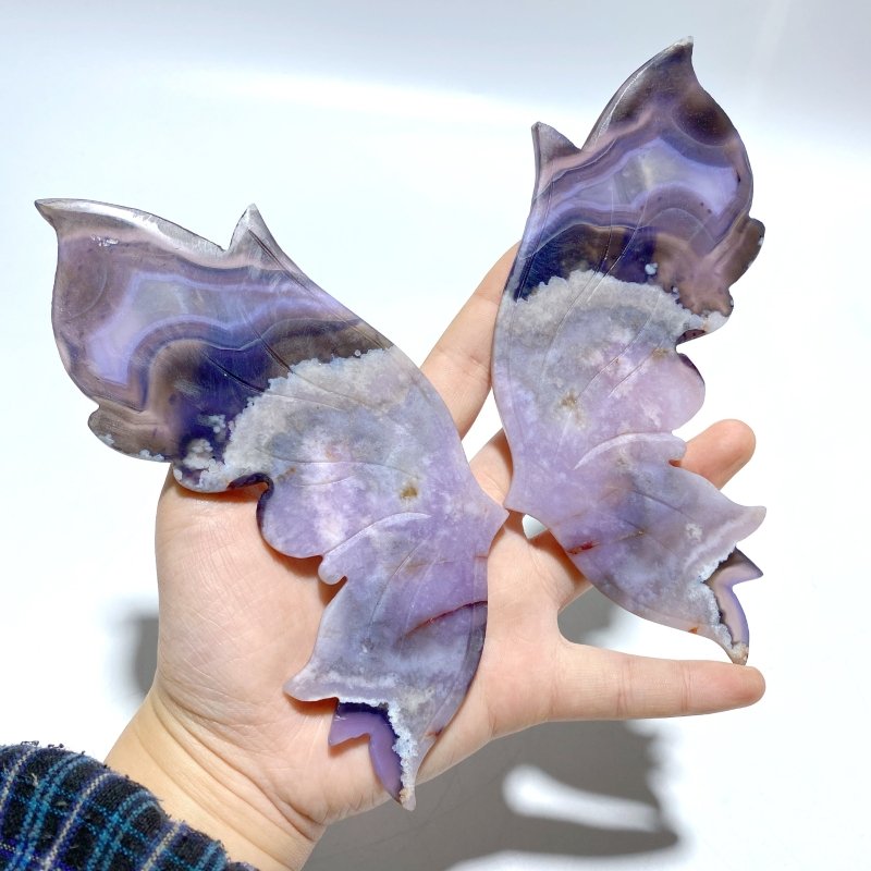 Unique Purple Sakura Flower Agate Butterfly Wing With Stand - Wholesale Crystals