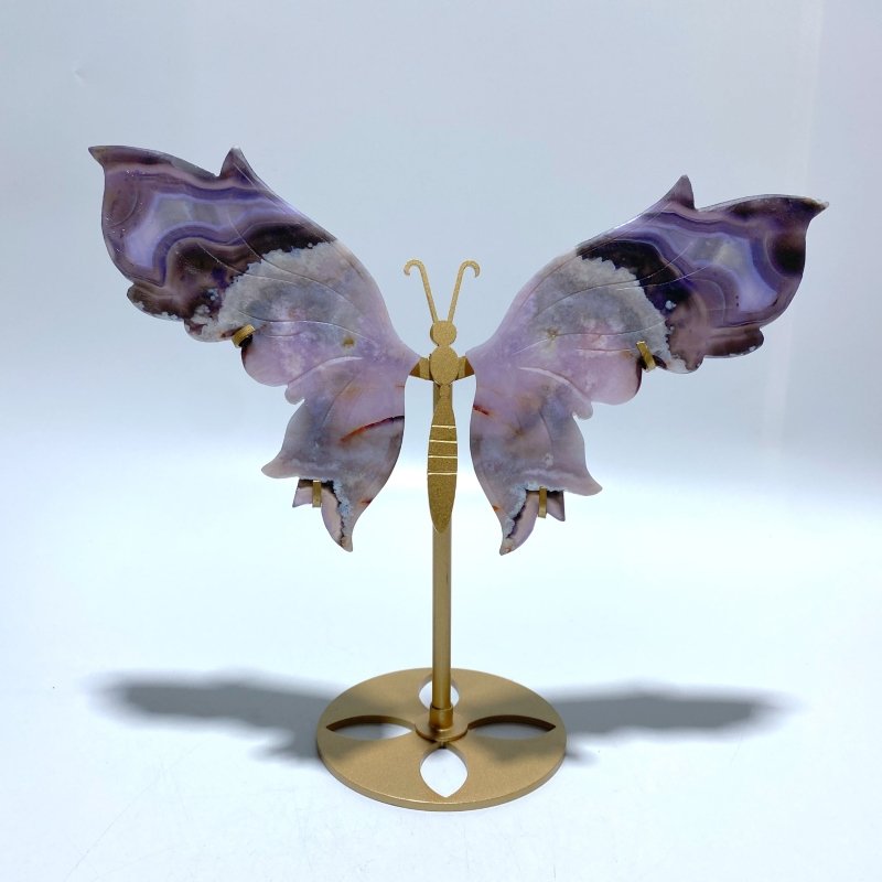 Unique Purple Sakura Flower Agate Butterfly Wing With Stand - Wholesale Crystals