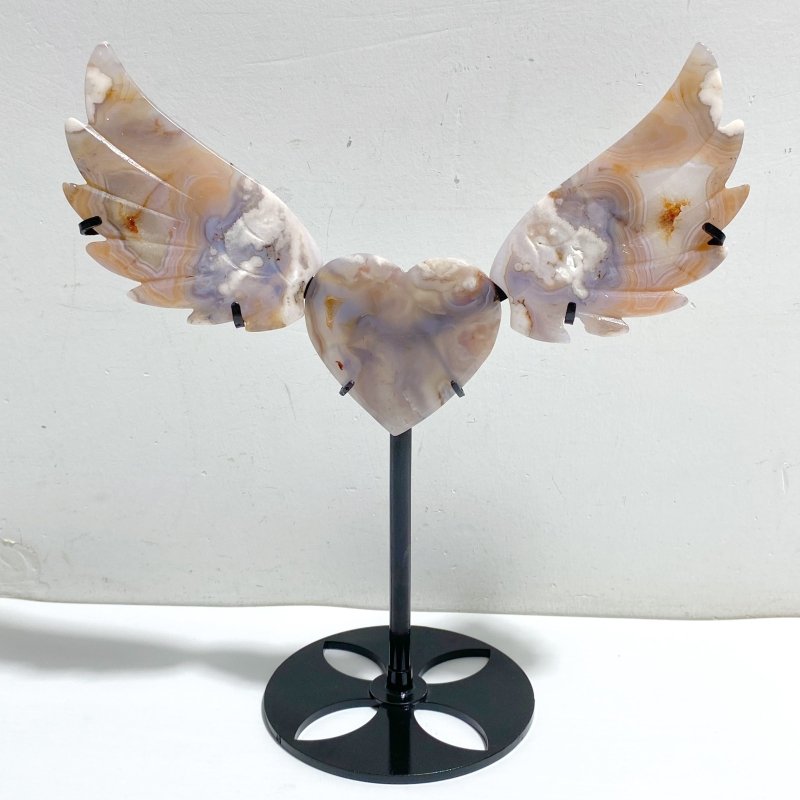 Unique Sakura Flower Agate Heart Wing Carving With Stand -Wholesale Crystals