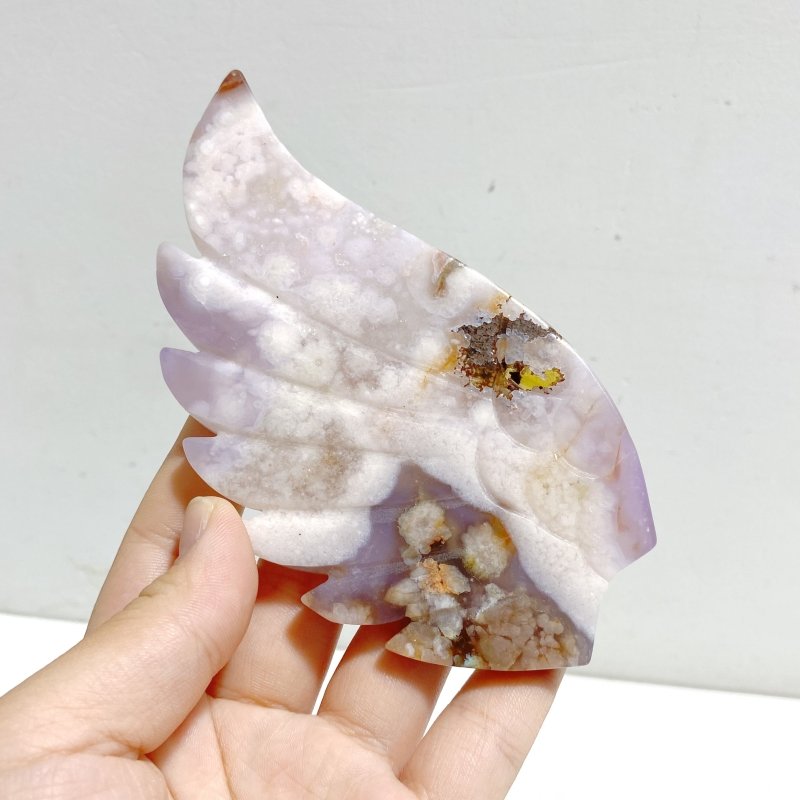 Unique Sakura Flower Agate Heart Wing Carving With Stand - Wholesale Crystals