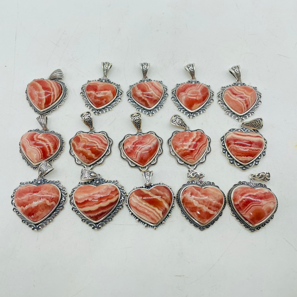 15 Pieces Sterling Silver Heart Rhodochrosite Different Styles Beautiful Pendant -Wholesale Crystals