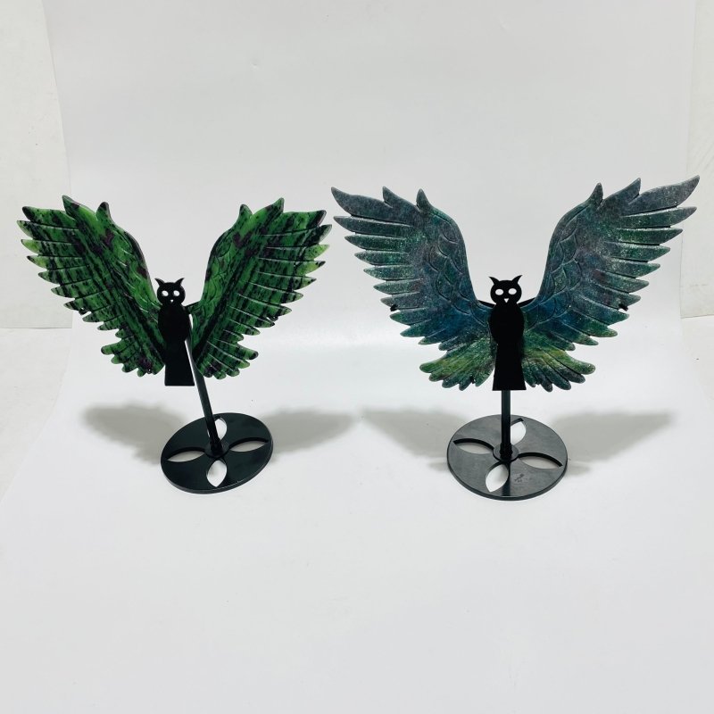 2 Pairs Beautiful Owl Carving With Stand Ruby in Kyanite Ruby Zoisite - Wholesale Crystals