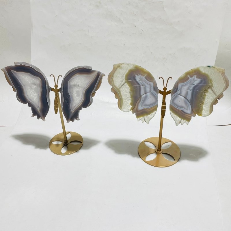 2 Pairs Stripe Agate Symmetry Butterfly Wing Carving With Stand -Wholesale Crystals