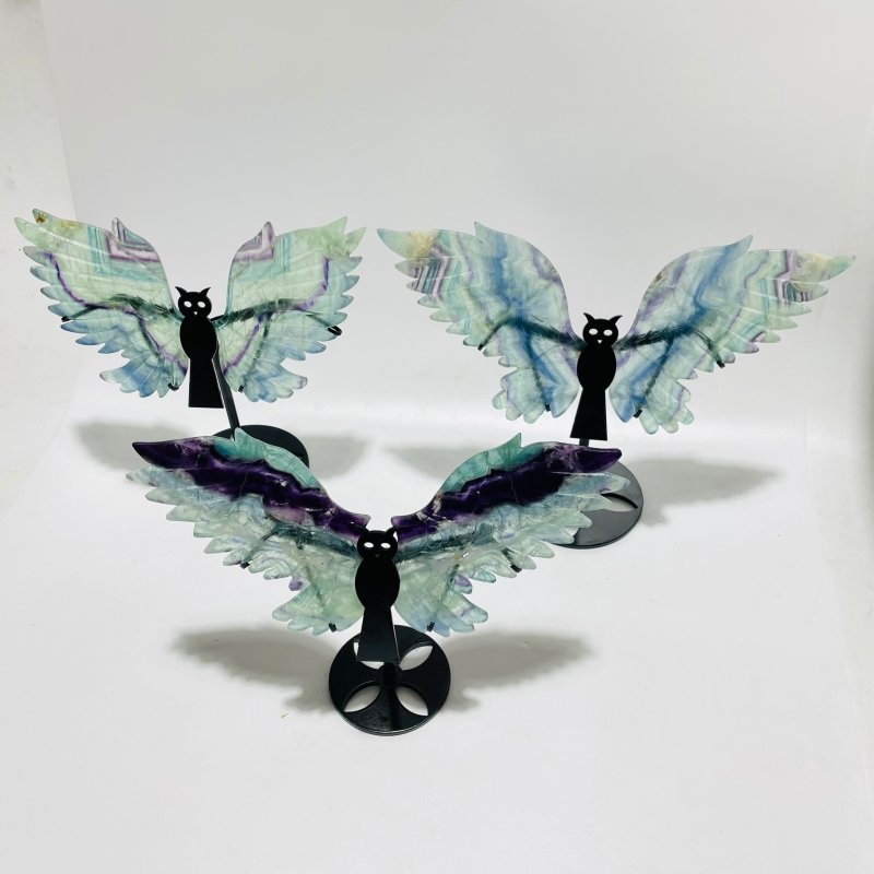 3 Pairs Rainbow Fluorite Symmetry Owl Wing Carving With Stand -Wholesale Crystals