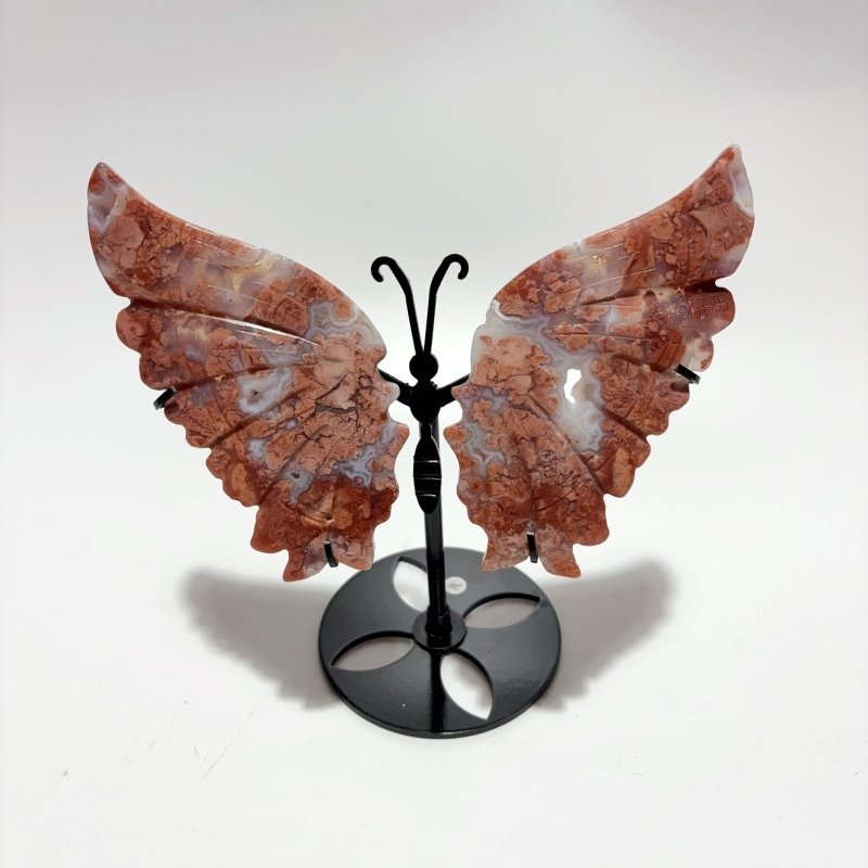 4 Pairs Pink Agate Butterfly Wing Carving With Stand -Wholesale Crystals